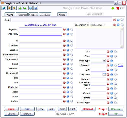 Screenshot of Google Base Products Lister